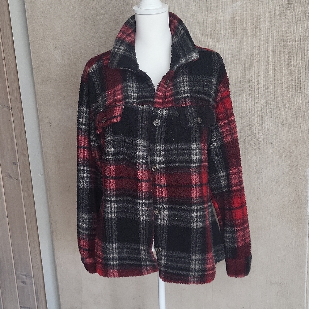 New York Laundry Plaid Teddy Jacket - Black, Red, and Gray